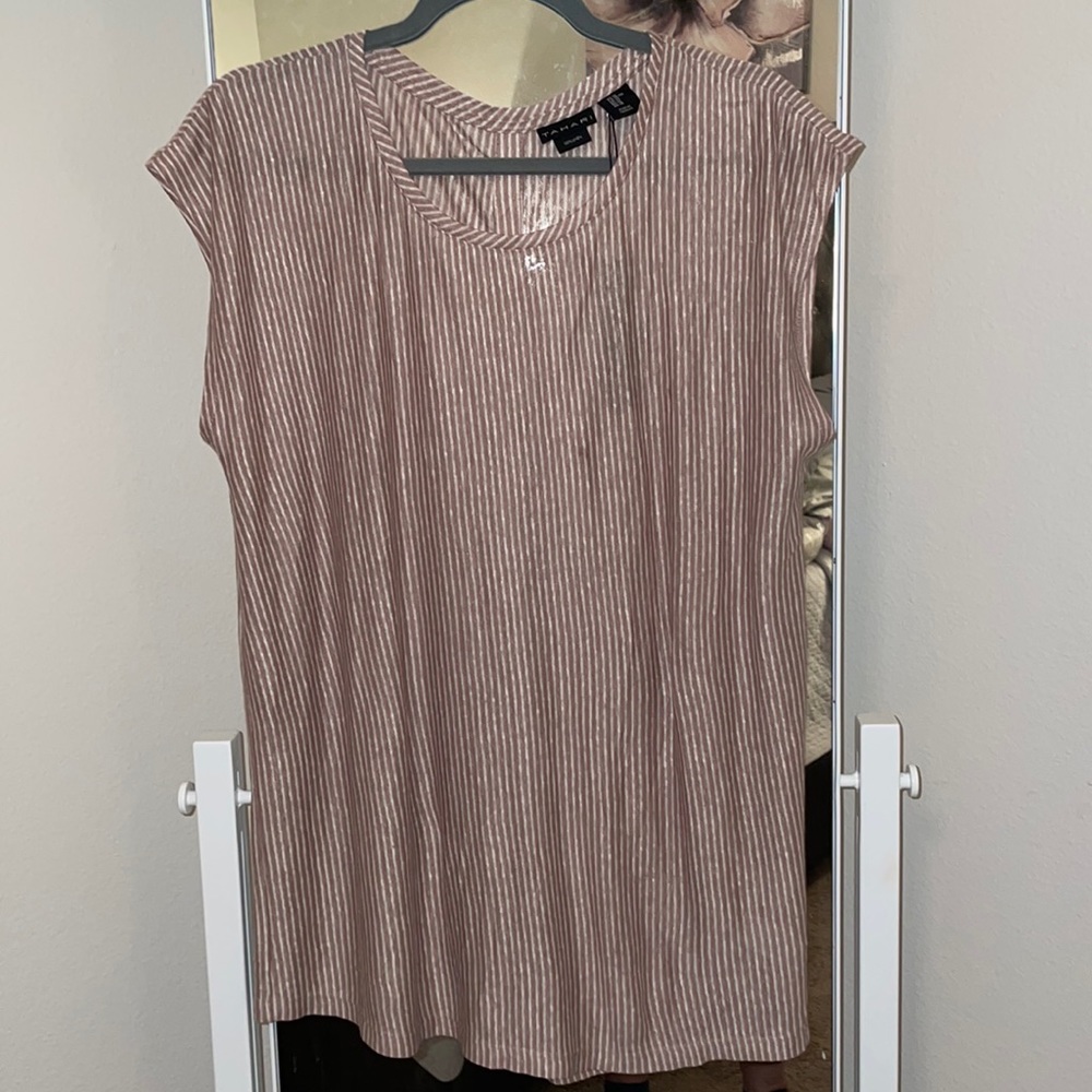 Tahari Striped Sleeveless Blouse w/ Buttoned Back